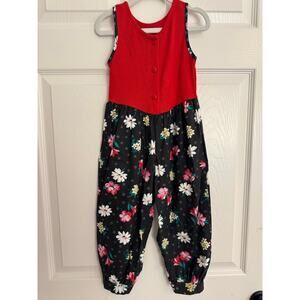 Vintage Toddler Girls Red Black Floral One Piece Jumpsuit Size 3T Y2K
